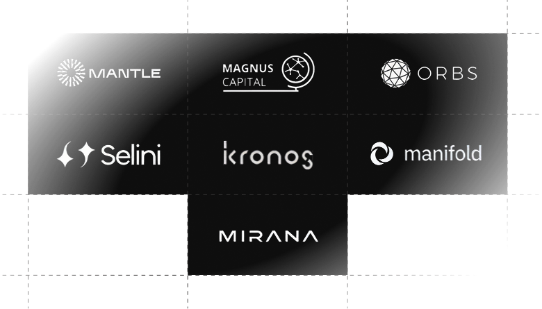 Investor logos including Mantle, Magnus Capital, Orbs, Selini, Kronos, Manifold, and Mirana